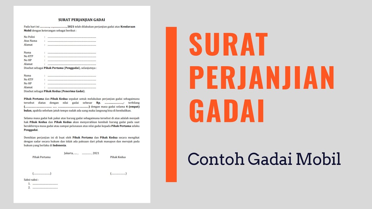 contoh surat perjanjian gadai mobil